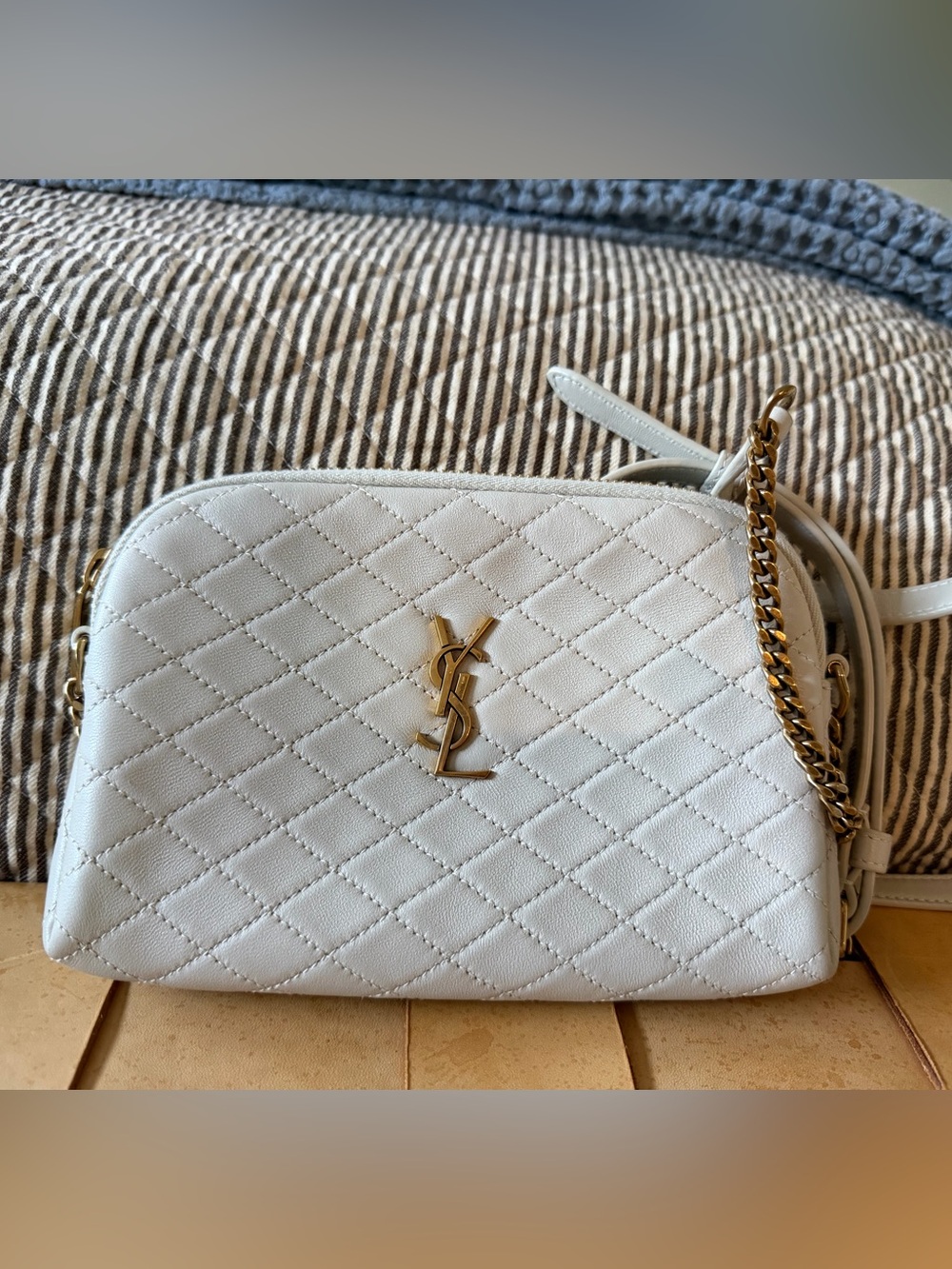 Saint Laurent Cream Quilted Leather Crossbody with Gold YSL Chain - Picture 1 of 6